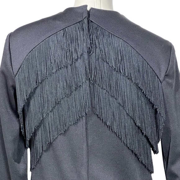 VINTAGE Long Sleeve Black Fringe Evening Gown Cocktail Dress Size 4-6 Medium - Picture 10 of 16